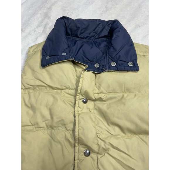 VTG 70s Comfy Brand Reversible Goose Down Beige Blue Snap Puffer Vest Mens Small - Picture 2 of 8